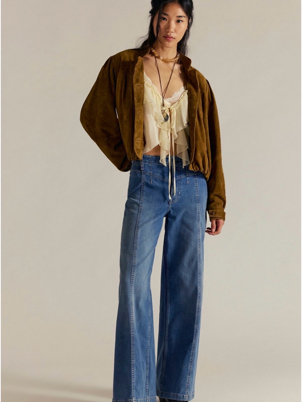 Free People Wide Leg Denim Jeans in Medium Blue